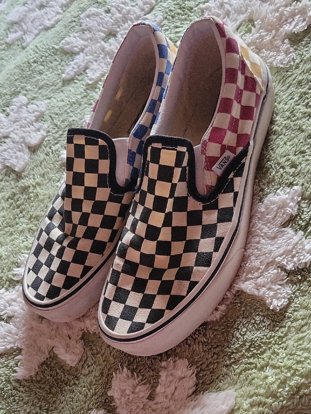 Vans Checkerboard Slip-On Sneakers - Black, White, Pink & Blue